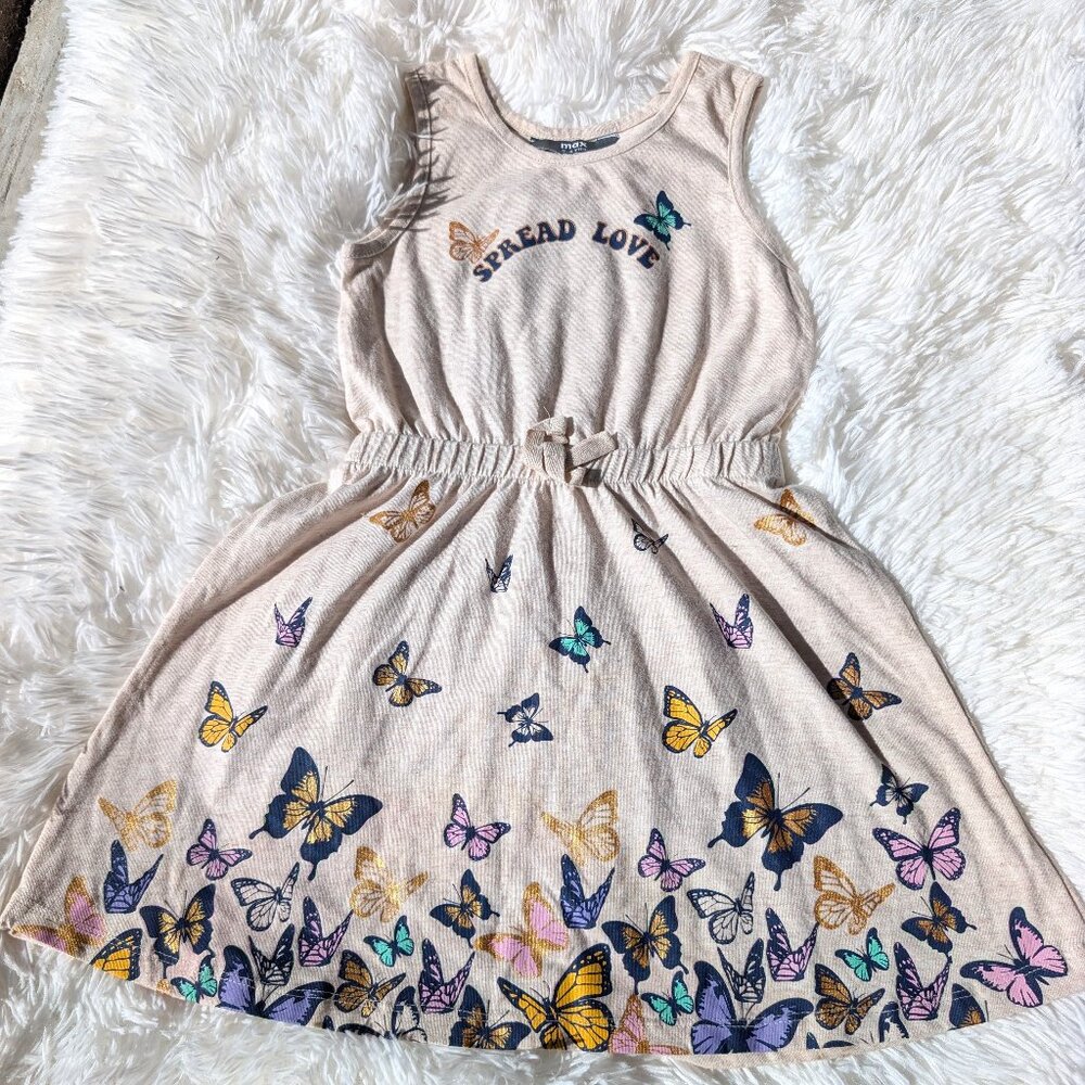 Max's Whimsical Wings: Cream Summer Flare Dress for Girls with Butterfly Print